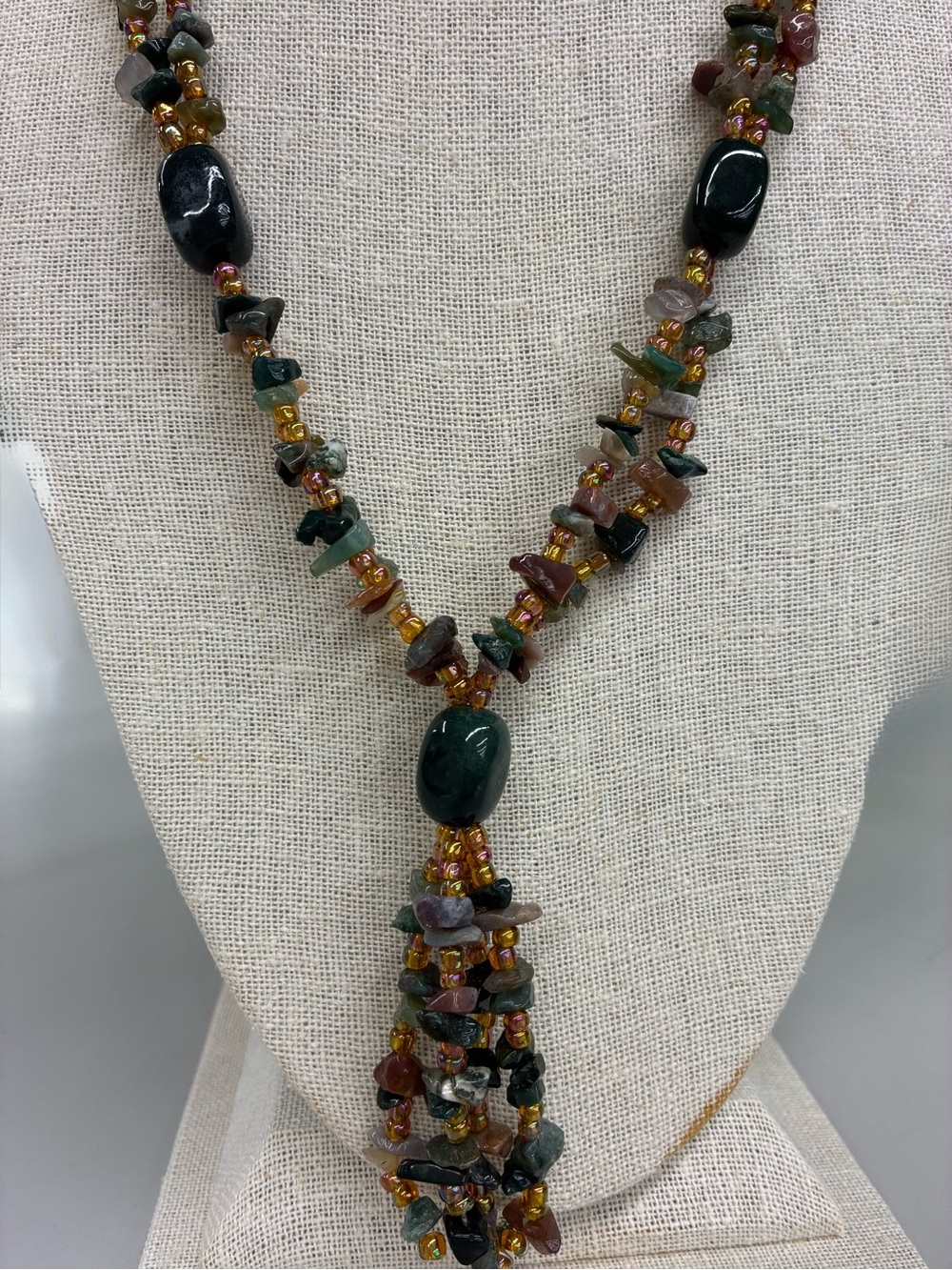 Boho Multicolor GemStone Chip Tassel Necklace - Green Accent